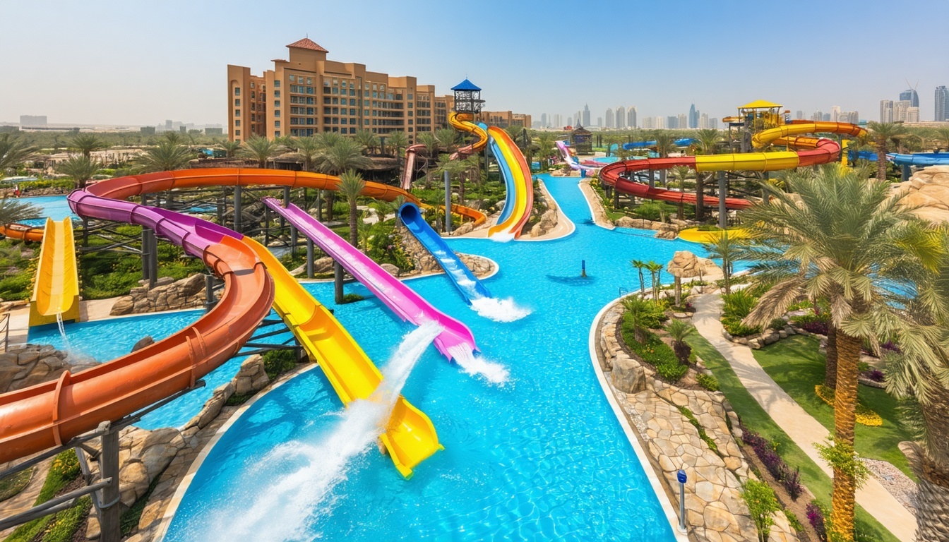 Aerial view of Aquaventure World Dubai showcasing water slides and pools