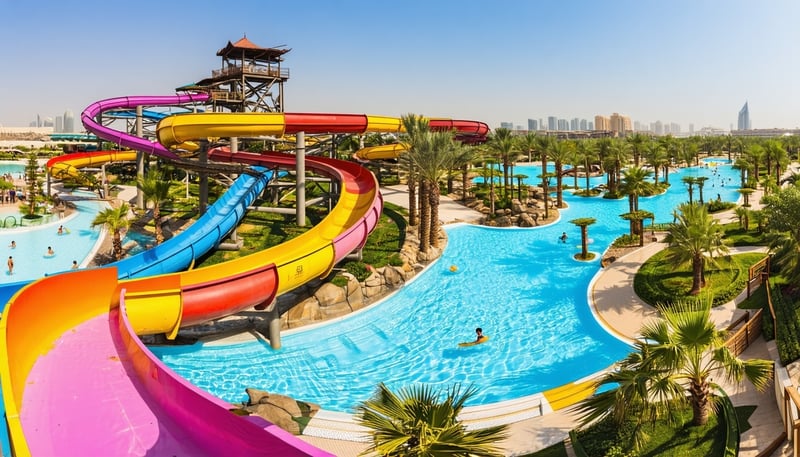 Panoramic view of Aquaventure World Dubai waterpark with slides and pools Panoramic view of Aquaventure World Dubai waterpark with slides and pools